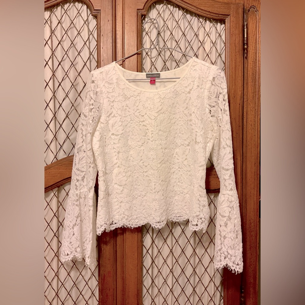Vince Camuto Long Bell Sleeve Lace Blouse lined body of shirt long sheer sleeves